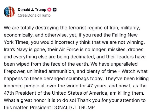 Trump Warns of Imminent Escalation Amid Claims of 'Total Destruction' of Iran's Military