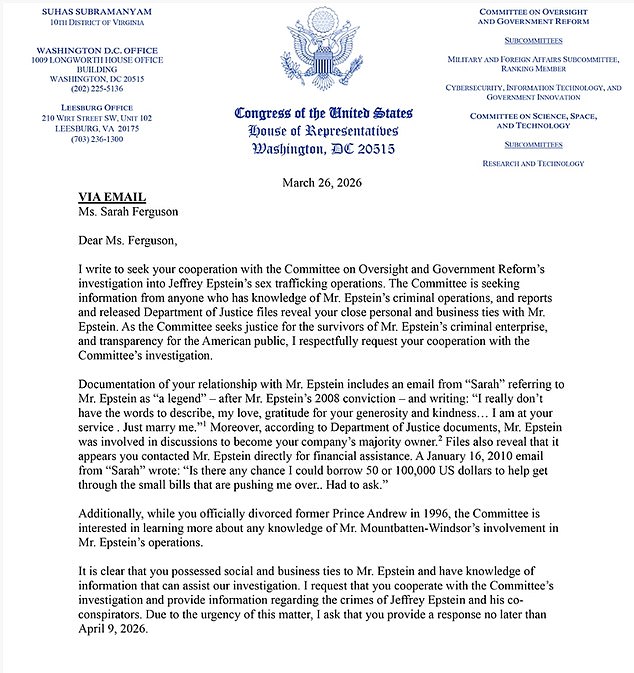 Congressman Requests Sarah Ferguson's Testimony in Epstein Sex Trafficking Probe