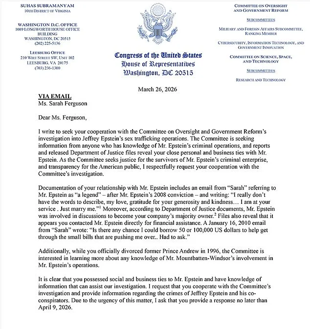 Congressman Requests Sarah Ferguson's Testimony in Epstein Sex Trafficking Probe