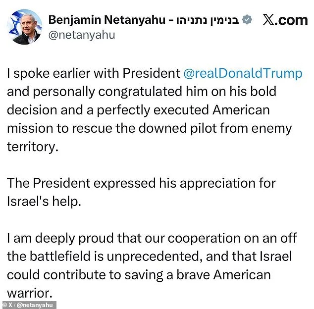Netanyahu Praises Trump's Leadership After U.S. Rescue of Stranded F-15 Pilot in Iran