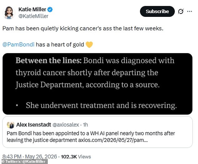 Former AG Pam Bondi begins thyroid cancer treatment while serving on AI advisory committee.