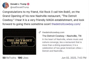 President Trump Endorses Kid Rock's 'The Detroit Cowboy' Restaurant, Citing Slogan 'Go Where You're Celebrated, Not Tolerated'