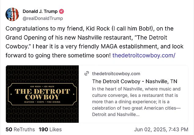 President Trump Endorses Kid Rock's 'The Detroit Cowboy' Restaurant, Citing Slogan 'Go Where You're Celebrated, Not Tolerated'
